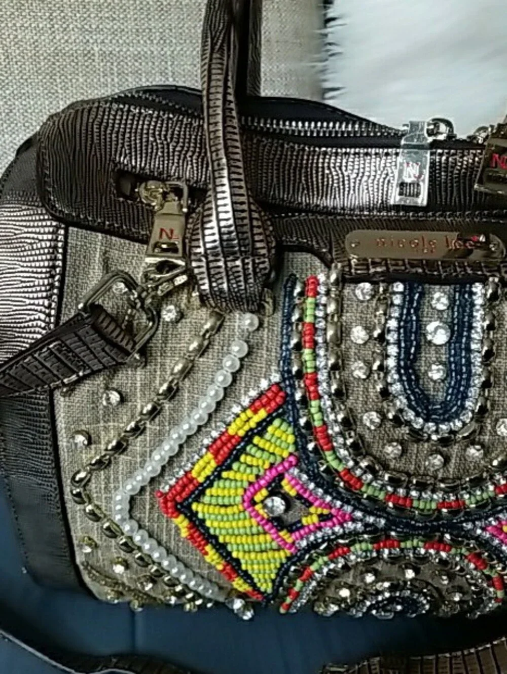 Nicole Lee Metallic Brown Satchel with Multicolor Beadwork